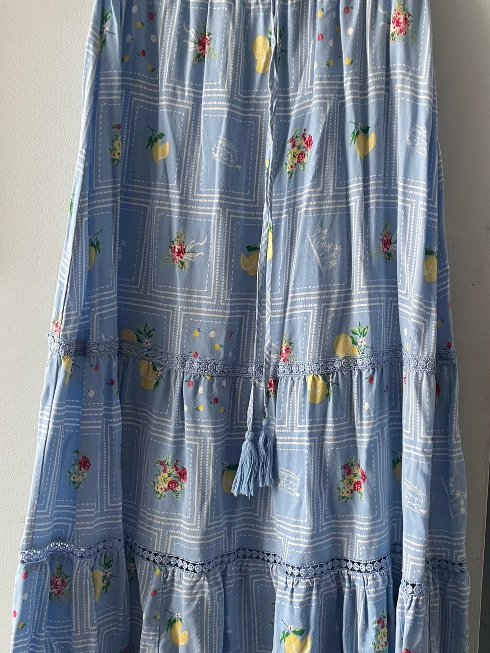 Blue Floral & Lemon Tiered Maxi Skirt